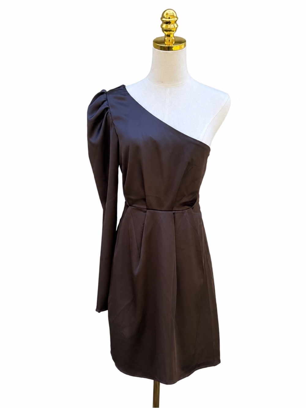 NWT Altar’d State Black Satin One Shoulder Puff Sleeve Mini Dress M - Picture 2 of 5